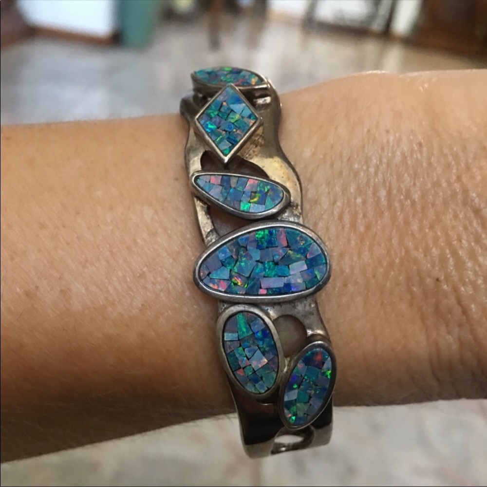 Vintage genuine Opal sterling silver cuff
